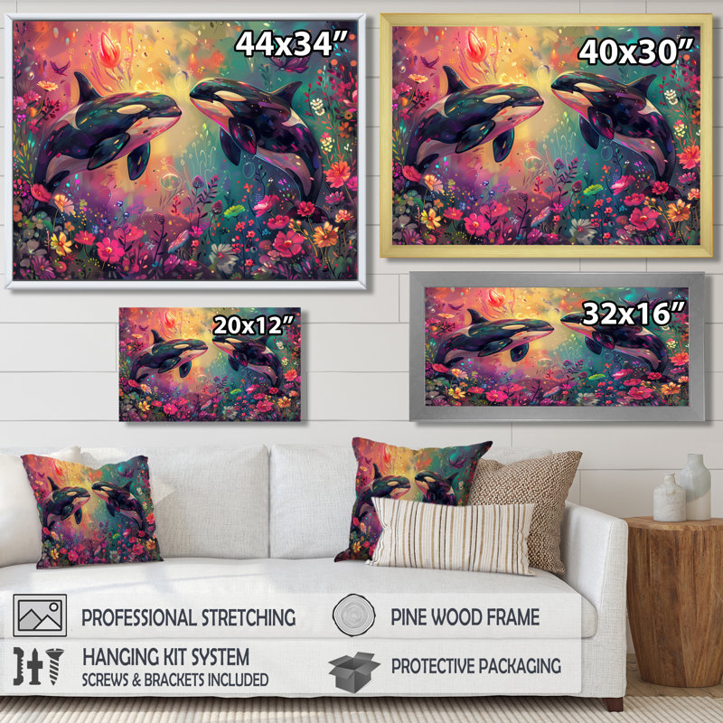 Black Orca Swimming Paradise Dream II - Whale Animal Wall Decor, 12'' H x 20'' W, Brown Floater Framed