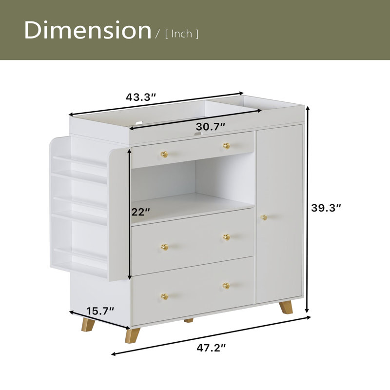 Commode à langer avec plateau large, 3Drawers