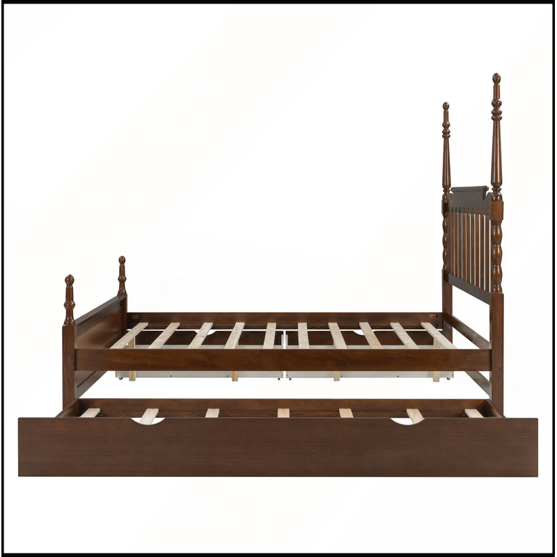 Grand lit plateforme avec lit gigogne simple TG et 2 tiroirs de rangement, lit en bois classique avec tête de lit à broche, noyer
