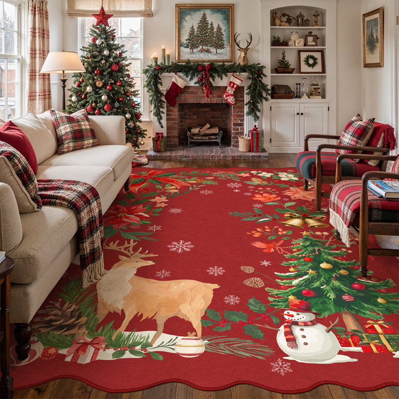 Tapis de Noël lavable à la machine avec antidérapant Noel, Red, Rectangle 9'x 12'
