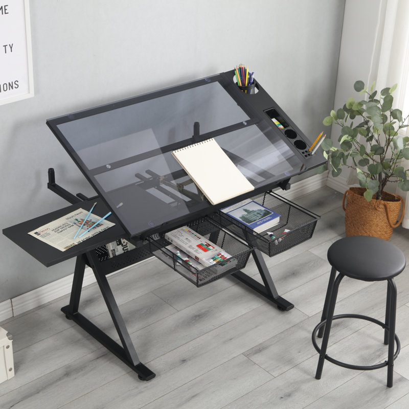 Table à dessin noire réglable en verre trempé avec chaise