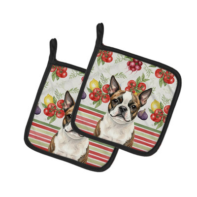 Brindle Boston Terrier Vegetables Pair of Pot Holders