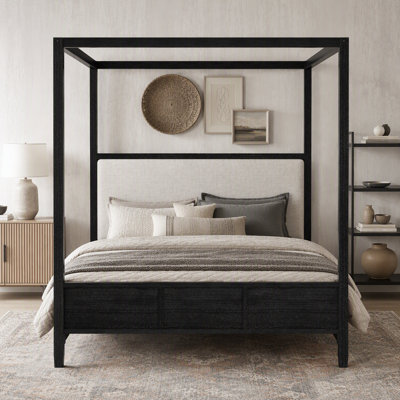 Wooden Canopy Platform Bed with Upholstered Headboard