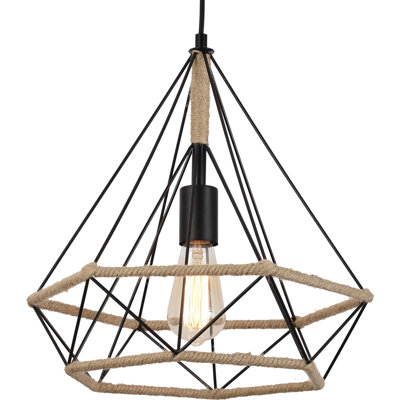 Magan 1-Light Black Geometric Bulb Pendant Light with Hemp Rope