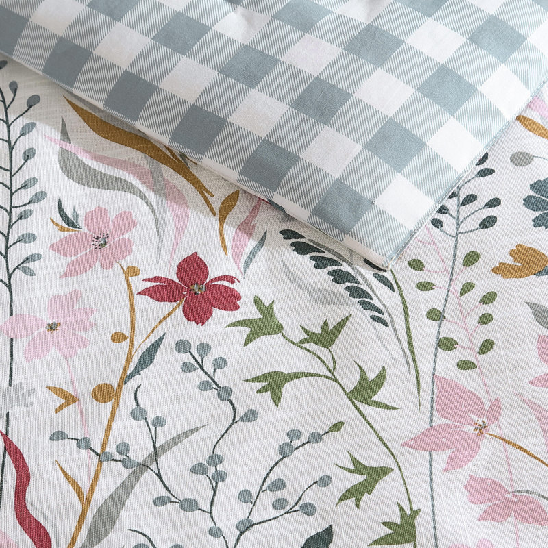 Twin White Cotton Reversible Floral Comforter Set