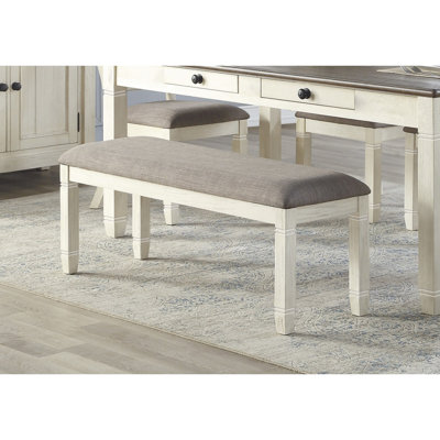 Banc de 48 po avec finition blanc antique pour salle à manger - siège rembourré texturé gris, capacité de poids de 300 lb, siège en bois de 48 po x 16,5 po
