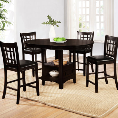 Counter Height Dining , Extendable Round To Oval, Finish, Black Stools, Pedestal Base With Storage For Practical Items Finish 5 Table Transforms, Back Stools , Open Shelf