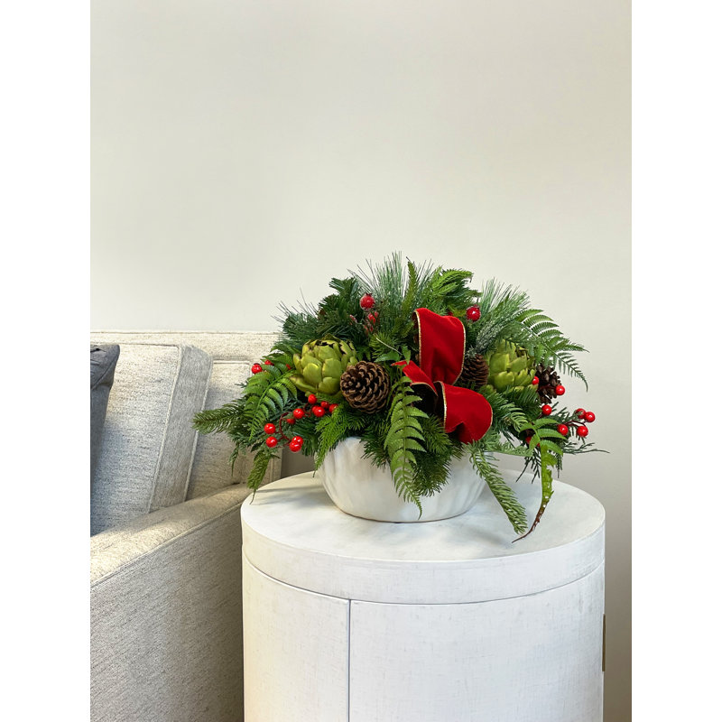 Holiday Centerpiece with Evergreens, Ferns, Artichokes and Berries