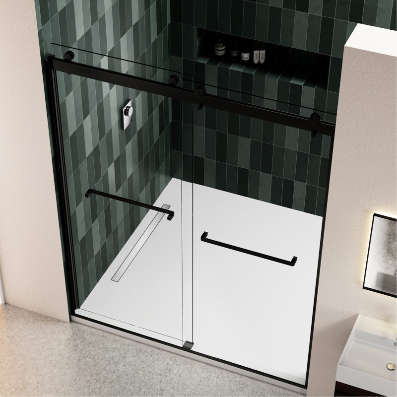 Porte de douche à dérivation avec verre trempé 5/16 po et finition noire matte - coulissante pour salle de bain, système lisse 6074, fuite, collision, système d'installation facile double
