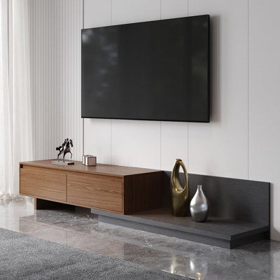 Fero Minimalist Retracted & Extendable 2 Drawers TV Stand In Walnut & Gray Up To 75"