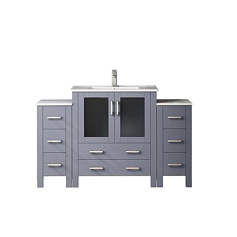 Lavabo pour salle de bain simple avec armoire latérale, comptoir en céramique blanche et ensemble de robinet