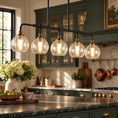 Luminaires modernes à cinq lumières avec abat-jour en verre craquelé pour îlot central, salle à manger, cuisine ou salon