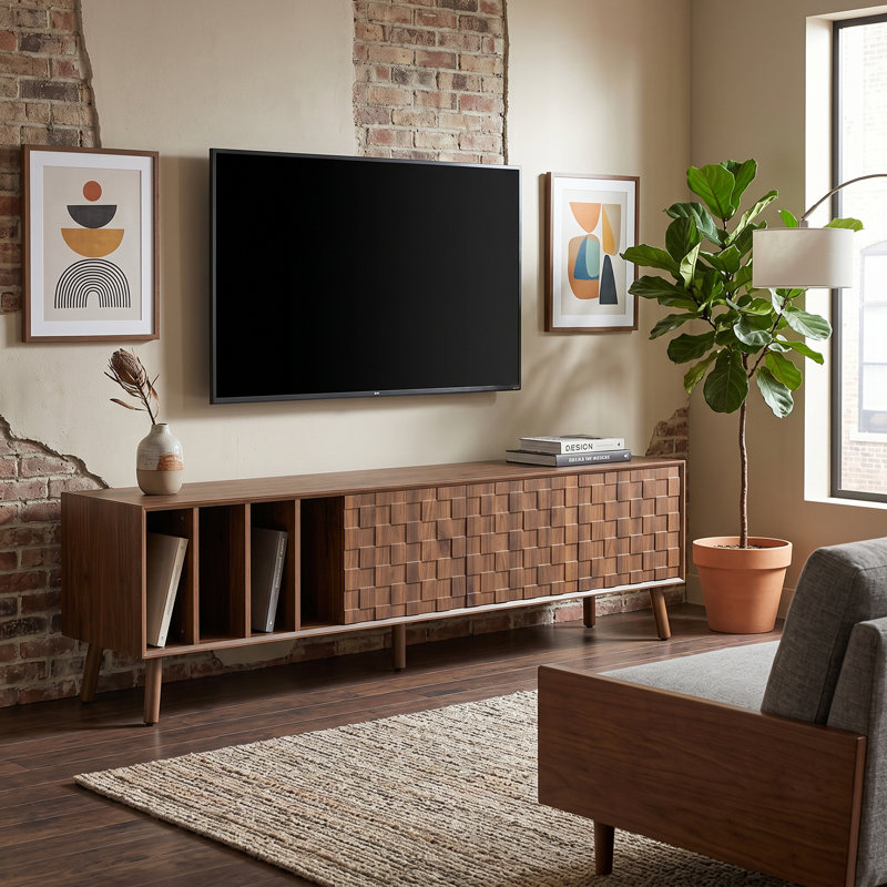 Meuble télé 68 po Mid-Century, console multimédia pour téléviseur de 75 po ou moins, panneau de fibres à densité moyenne de haute qualité avec 5 pieds en bois massif pour le salon et la chambre à coucher