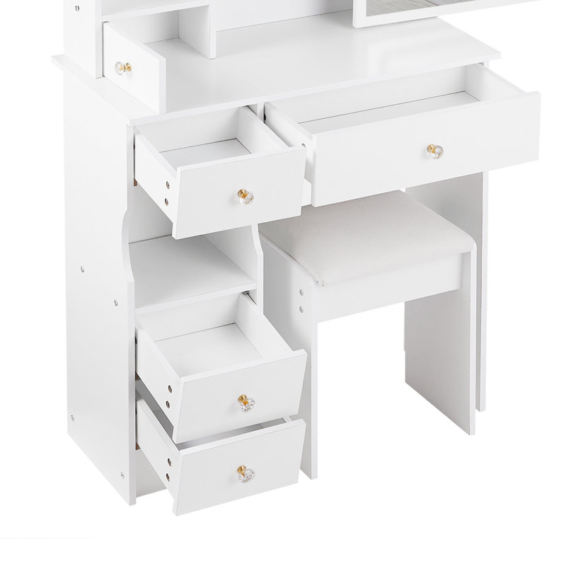 Table de coiffeuse compacte à DEL avec miroir et tabouret, 3 modes d'éclairage, contrôle de luminosité tactile, idéal pour les petits salons ou les studios, blanc pur
