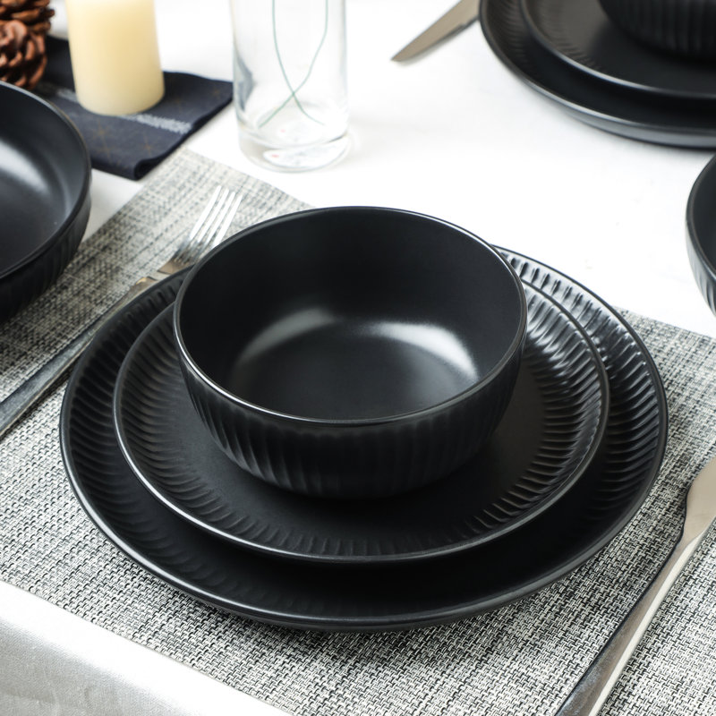 Black Ceramic 16-Piece Dinnerware Set, Service for 4