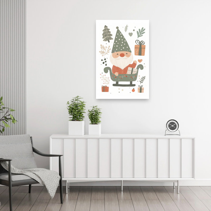 Happy Christmas Gnome Sleigh Whimsical Abstract Contemporary Christmas Tree Forest Winter Wall Art Print by Mathieu - Wrapped Canvas Print