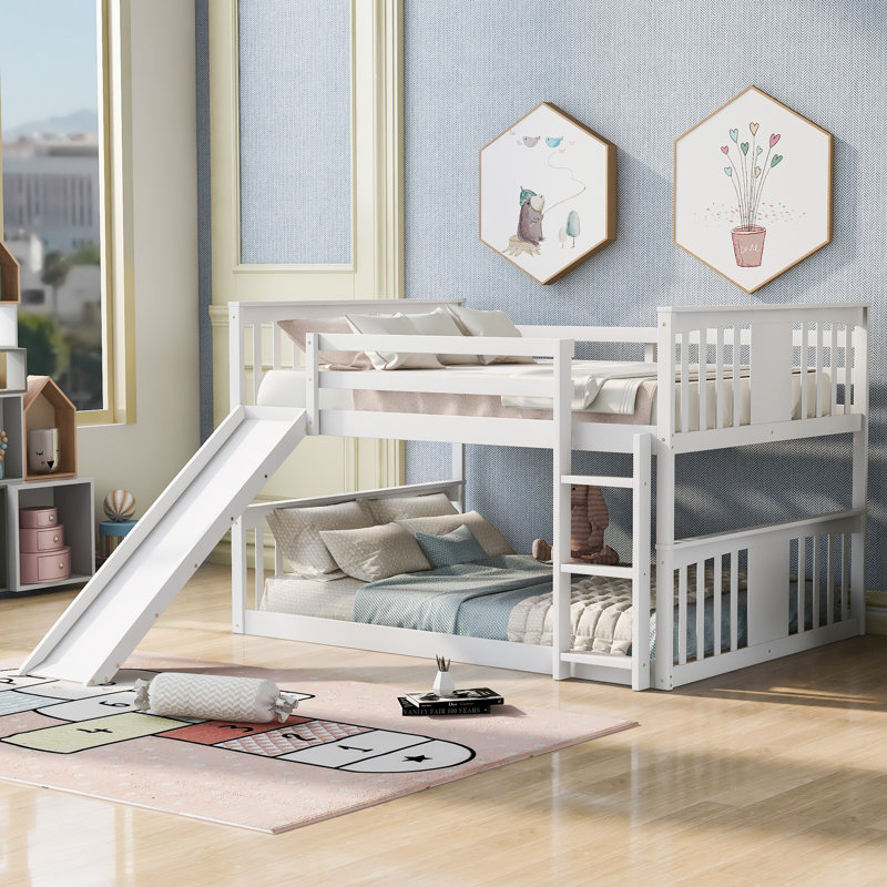 Lit double superposé au-dessus d'un lit double avec échelle avec toboggan, blanc, Blanc