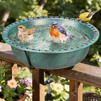 Deck Mounted Bird Bath with Solar Fountain, Outdoor Adjustable Clamp Birdbath Bowl with Solar Powered Pump for Balcony, Fence and Railing, Green