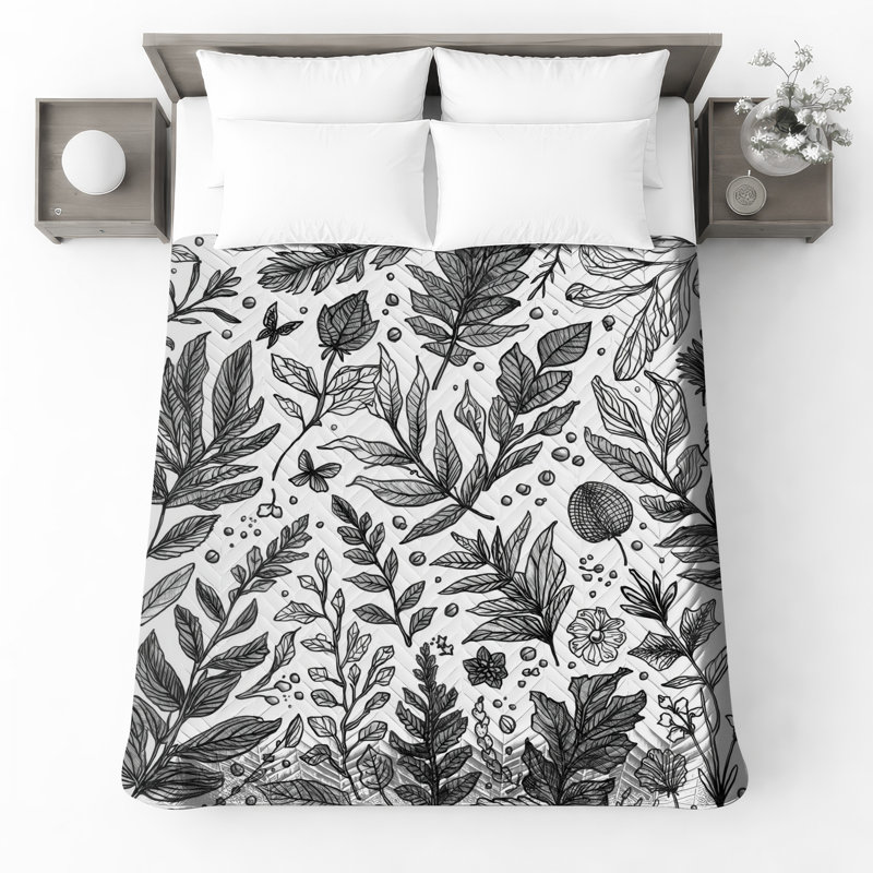Couvre-lit matelassé noir et blanc Botanical Illustration, Lit simple