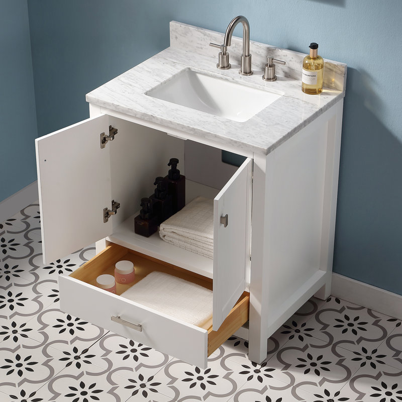 Meuble-lavabo simple 30 po avec comptoir Whitney, Blanc, Nickel brossé