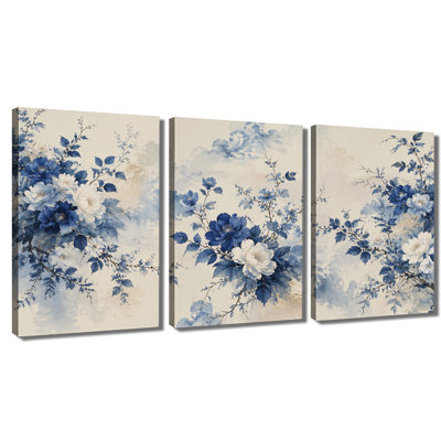 3 panneaux muraux, pivoines blanches et bleues, impression sur toile
