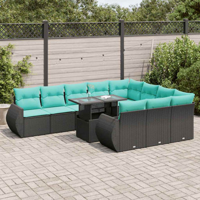  Ensemble 11 pièces de canapé de patio avec coussins en acacia de rotin noir