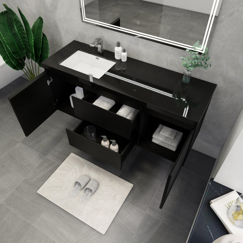 Castin 60" Wall-Mounted Single Left Sink Bathroom Vanity Set, Rich Matt Black