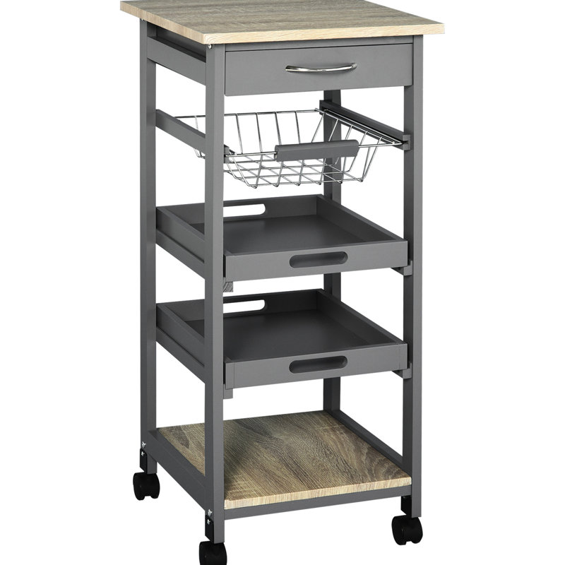Rolling Grey Kitchen Island Trolley With Drawer & Storage Basket Mobile Drawer, Wire Tray,