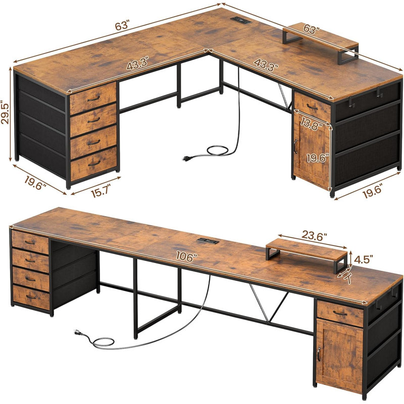 63“ W L Shaped Desk, Brown