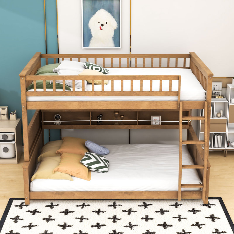 Lit superposé en bois avec bande lumineuse, tablettes et échelle, Double TG sur grand, Brun