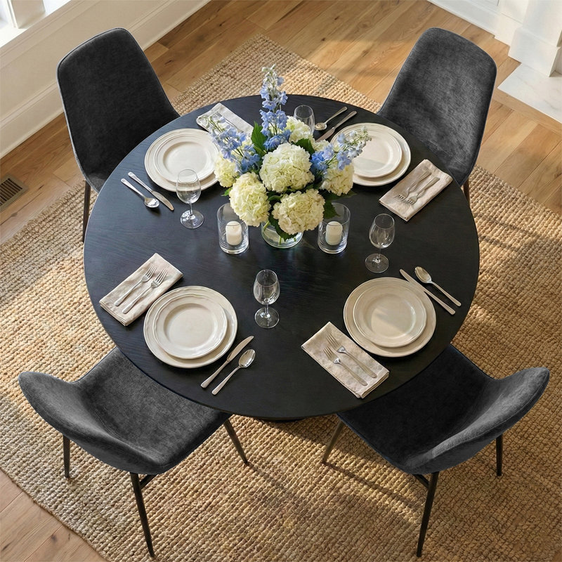 Ensemble de table de salle à manger pour 4 personnes avec table ronde et 4 chaises rembourrées en chenille, Gris foncé