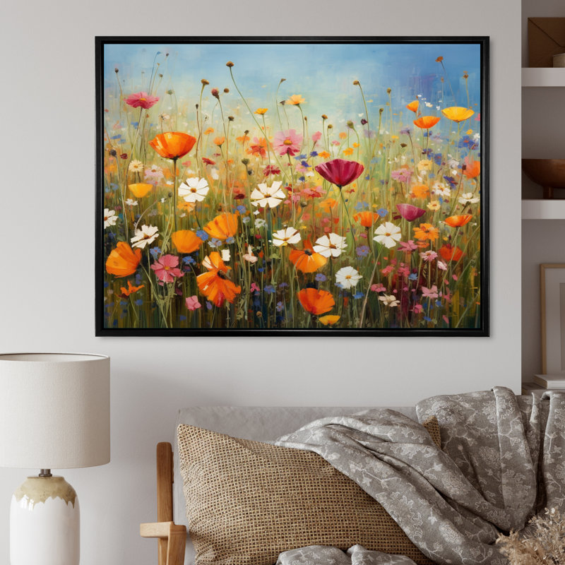 Colorful Wildflower Symphony I, reproduction d'art sur toile, 30" H x 40" W, Cadre flottant noir