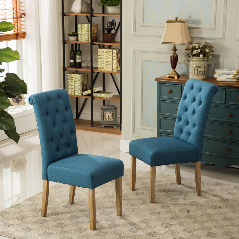 Habit Solid Wood Tufted Parsons Dining Chair, Set Of 2, Elegant And Comfortable For Any Dining Room, Blue