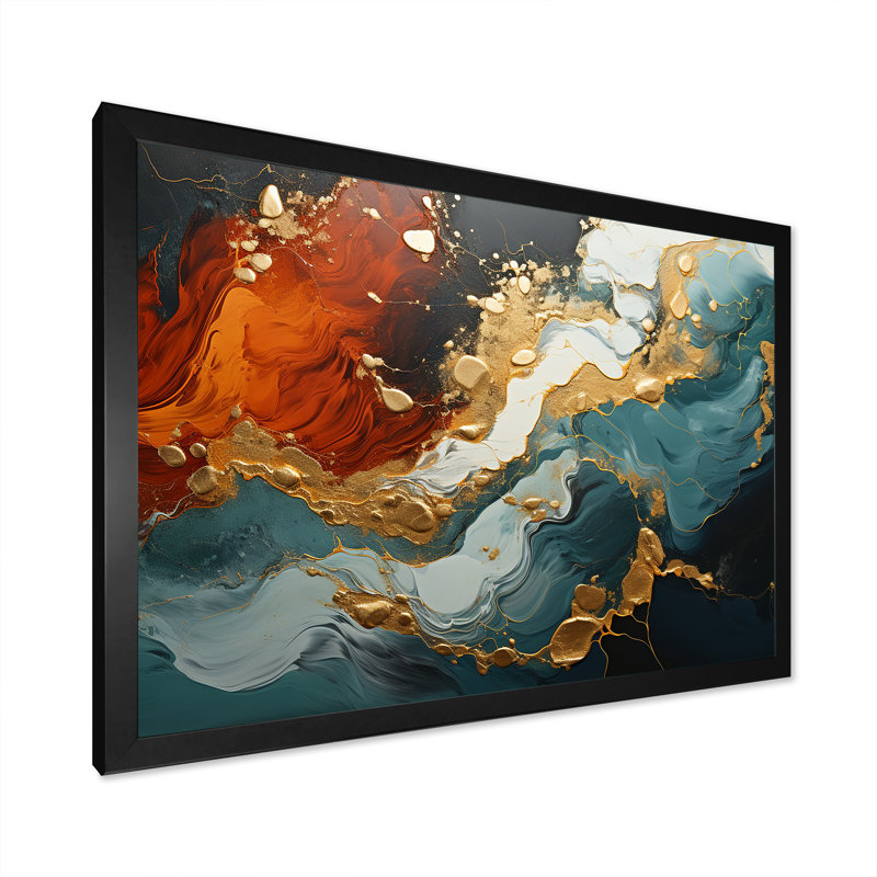 Tempête de marbre bleu et doré I - art mural abstrait, Cadre d'angle fermé noir, H 12 po x l 20 po x P 1 po