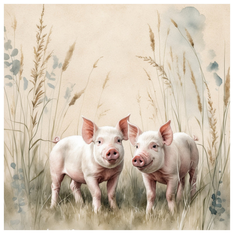 Deux porcelets dans un champ en toile tendue dans de nombreuses tailles, 16 x 16 pouces