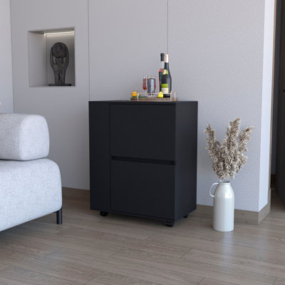Black Rectangular Bar Cart With Build And Shelves Wood Ample Storage Mobility Options