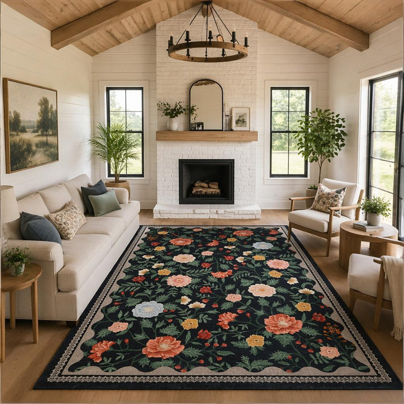 Tapis floral rétro pour chambre à coucher, salle à manger, Noir, Rectangle 8' x 10'