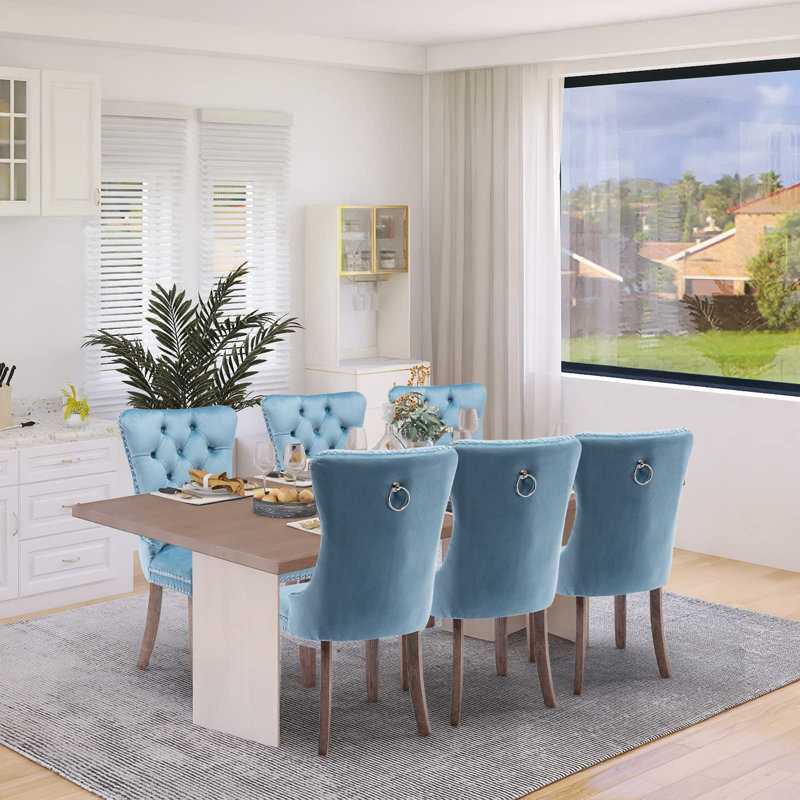 Sky-Blue Velvet Upholstered Dining Chairs with Wood Legs, Set of 6