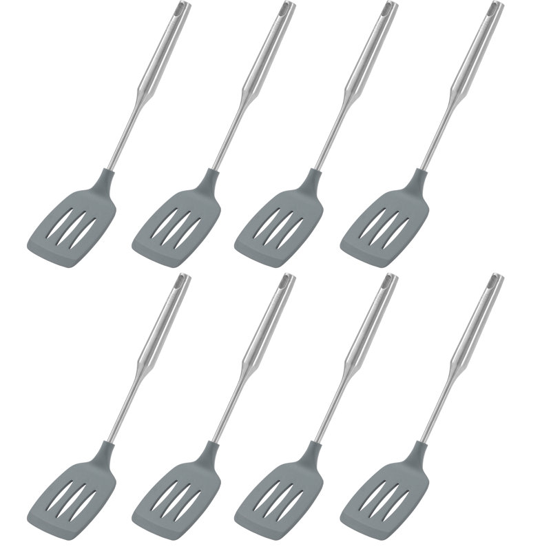 YBM Home Cuillères à cuisson antiadhésives en silicone, outils de cuisine en plastique résistant à la chaleur pour mélanger, frire, servir, égoutter, tourner et remuer, avec poignée en acier inoxydable, bleu, ensemble de 8
