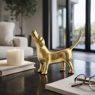 Decorative Howling Dog Figurine Statue for Living Room Decoration - Modern Metal Sculpture for Table Accent, or Home Decor - 8", Gold & Metallic
