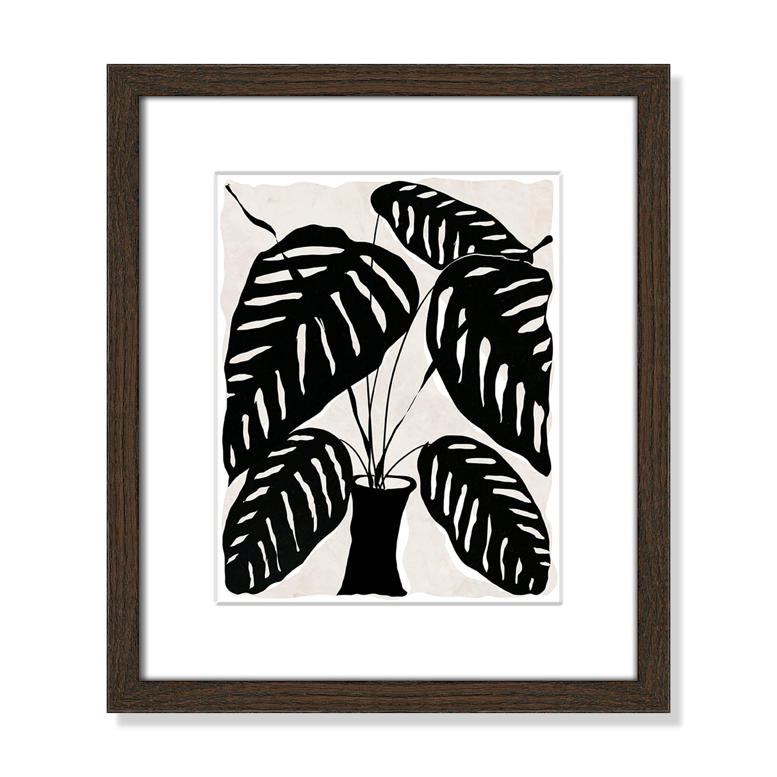 Black And White Potted Plant I by Daniela Santiago, Walnut Framed, 15" H x 13" W x 0.75" D