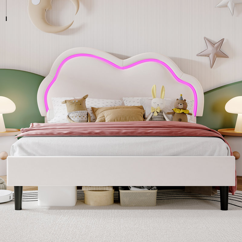 Lit plateforme tapissier Landover Quenn avec tête de lit à DEL en forme de nuage, crème, Grand lit, Crème