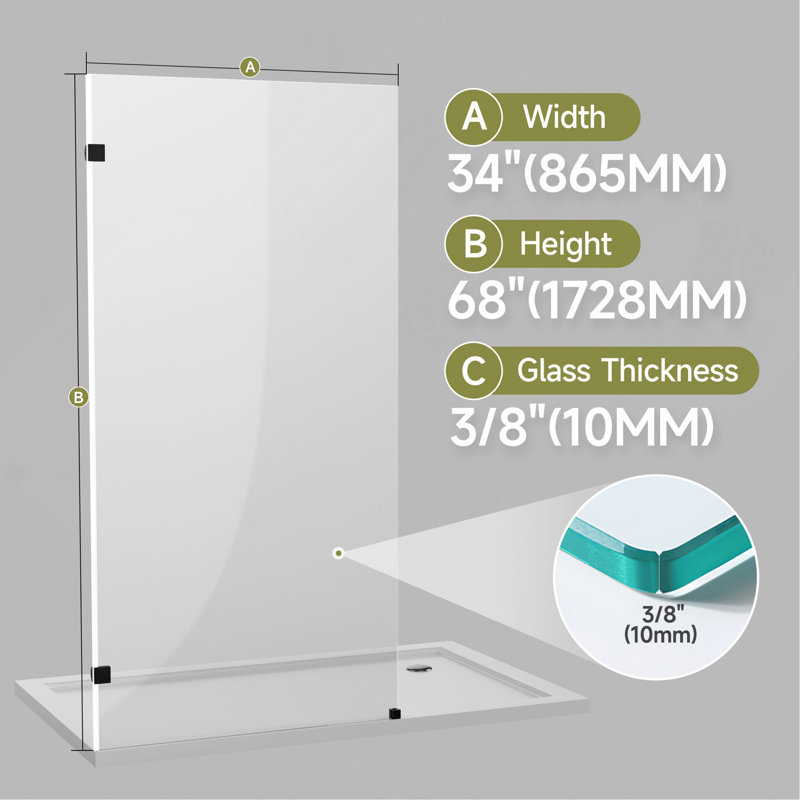 Porte de douche de salle de bain, quincaillerie de fixation de panneau de porte en verre trempé transparent de 3/8 po (10 mm) sans cadre