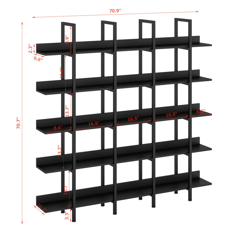 Bibliothèque à 5 niveaux avec structure en métal, tablette ouverte, Noir