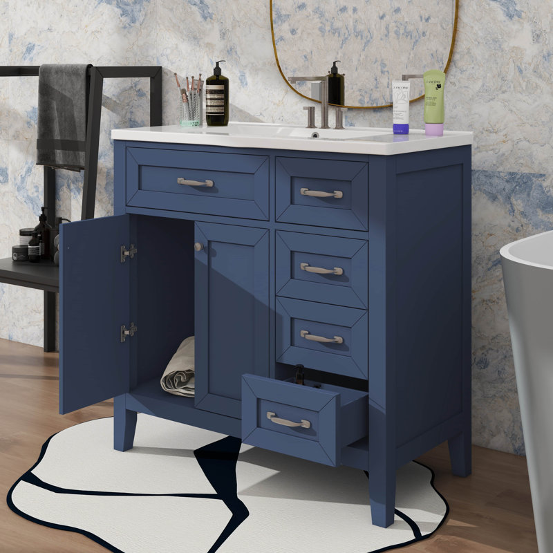 Meuble-lavabo simple 36 po avec tiroirs pratiques, Bleu