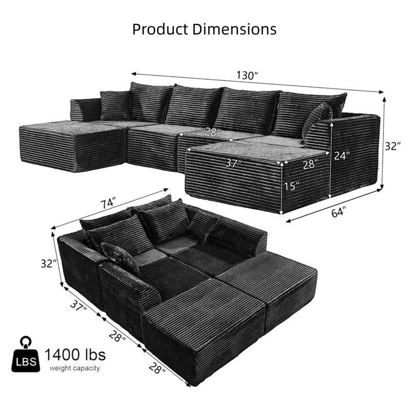 130" U-Shaped Modular Sectional Sofa, Deep Memory Foam, No Assembly Required, Black