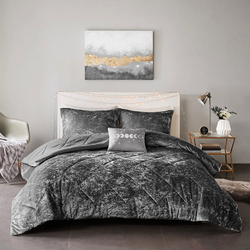 Édredon en velours gris pour lit simple / simple TG - Oreiller décoratif et taie décorative inclus, Gris