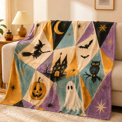 Halloween Themed Blanket, Fun Pumpkin Witch Bat Ghost Castle Print Blanket Playroom Bedroom Living Room Decor