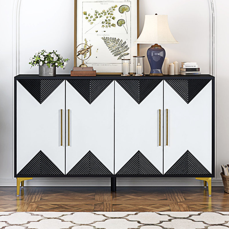 Unique Four-Door Cabinet With Two-Tone Triangular Pattern Doors, Entryway Cabinet, Black/White