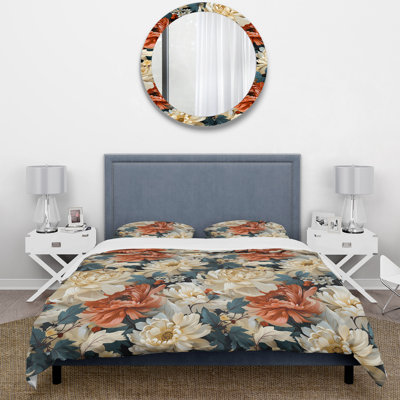 Mosaic Beige And Orange Botanicals I Box Stitch Floral Duvet Cover